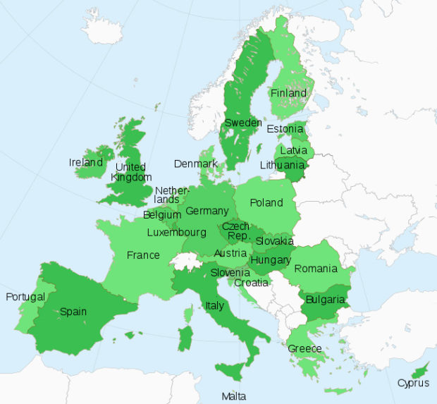 EU加盟国の地図（2019年3月に脱退が予定されている英国を含む）