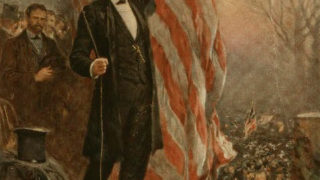 就任演説を前にフィラデルフィアで国旗を掲げるリンカーン（U.S. Congress Library）