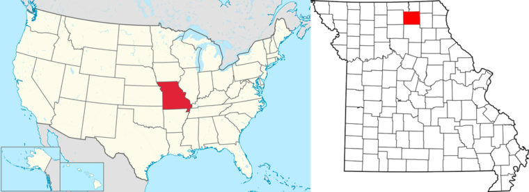 赤で示したミズーリ州とアデアーカウンティーの位置図（Wikipedia）