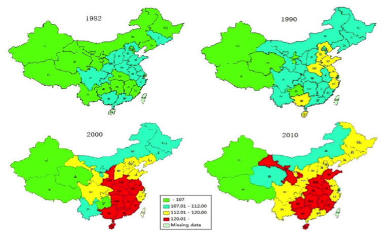 Sex Ratio at Birth in China by provinces, in 1982, 1990, 2000 and 2010