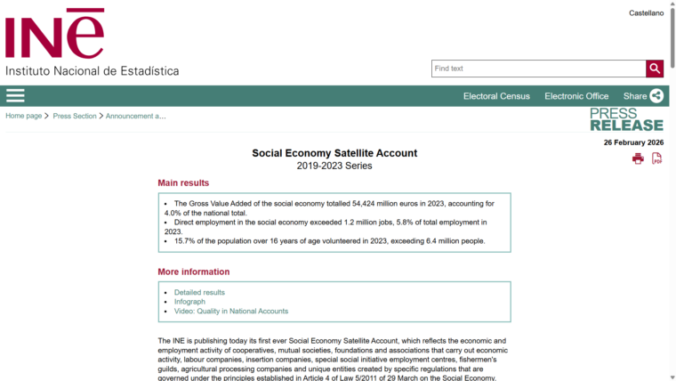 スペイン国家統計局の社会的経済関係サテライト勘定のサイト(英語版)